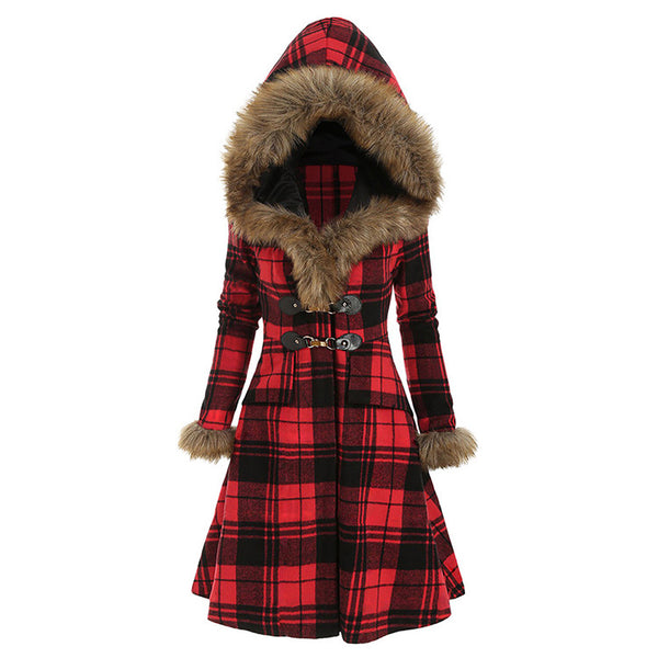 Women's hooded Fur Alloy Buckle Slim Plaid Long Sleeve Woolen Medium Long Coat