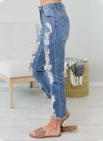 Women Cut-out Mid Waist Straight Jeans