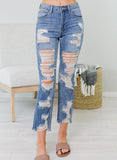 Women Cut-out Mid Waist Straight Jeans