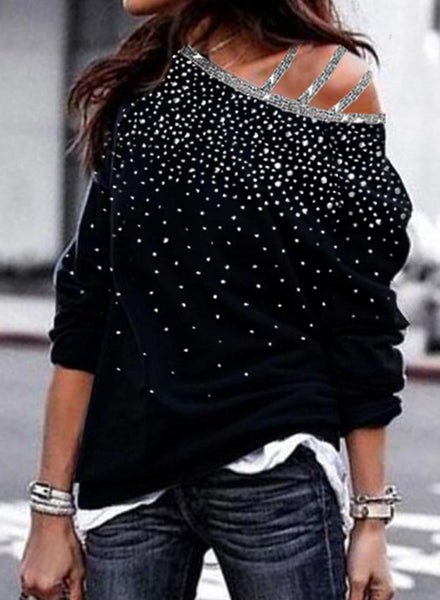 Women Cold Shoulder Rhinestones Sexy Sweatshirt