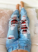 Women's Jeans Ripped Plaid Patch Mid Waist Jeans