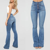 Women Stretchy Buttons Bell Bottom Jeans