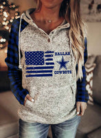 Women's Hoodies Drawstring Long Sleeve Letter Plaid Flag Button Casual Hoodies With Pockets