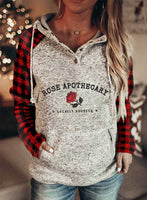 Women's Hoodies Plaid Letter Rose Long Sleeve Casual Pocket Hoodie