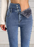 Women's Jeans Casual High Waist Button Solid Slim Full Length Jeans