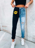 Women's Jeans Casual High Waist Letter Color Block Slim Full Length Jeans