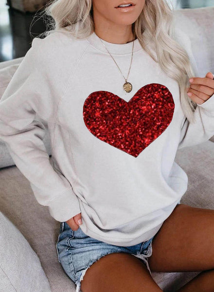 Women's Sweatshirts Solid Heart-shaped Print Long Sleeve Round Neck Daily Sweatshirt