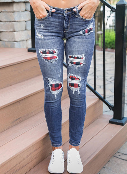 Blue Plaid Mid Waist Casual Jeans