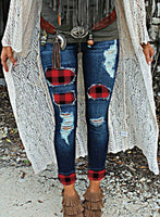 Women's Jeans Plaid Cut-out Slim Mid Waist Full Length Jeans