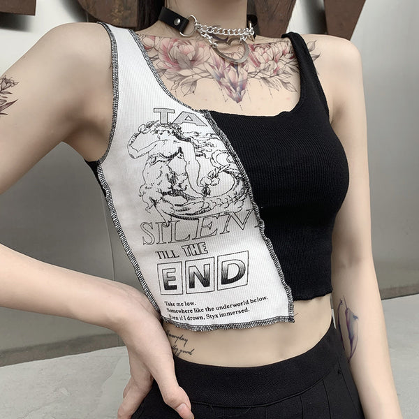 Women's personality splicing color contrast printing blouse women ins with lace inside cami T-shirt