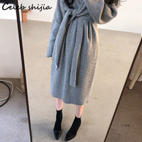 Harajuku Spaghetti Knitted Dress Women Autumn Gray V-neck Elegant Woolen Vestidos Lady Oversized Streetwear Winter Knitwear