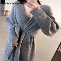 Harajuku Spaghetti Knitted Dress Women Autumn Gray V-neck Elegant Woolen Vestidos Lady Oversized Streetwear Winter Knitwear