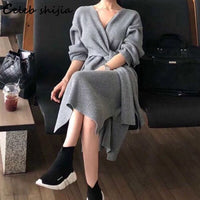 Harajuku Spaghetti Knitted Dress Women Autumn Gray V-neck Elegant Woolen Vestidos Lady Oversized Streetwear Winter Knitwear