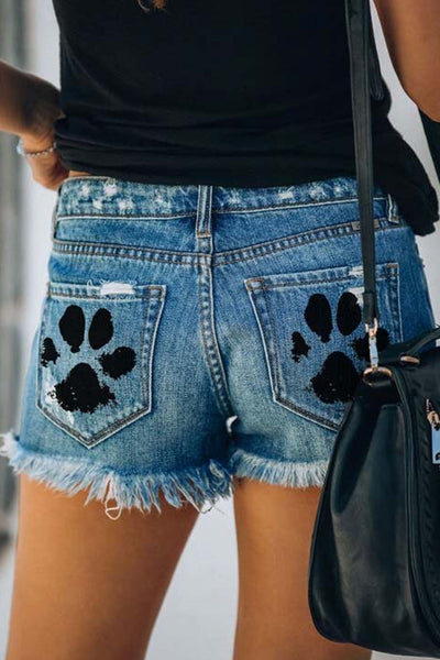 Women's Dog Paw Print Denim Shorts