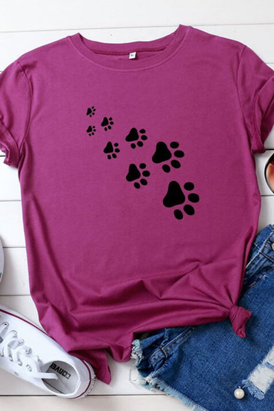 Women's casual dog paw print crew neck T-shirt