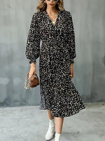 Autumn Leopard Print Midi Dresses Women V-neck Long Sleeve Dress Office Casual High Waist Slit Hem Dress Woman Party Vestidos