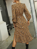 Autumn Leopard Print Midi Dresses Women V-neck Long Sleeve Dress Office Casual High Waist Slit Hem Dress Woman Party Vestidos