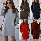 Autumn/Winter Sweatshirt Dress Women's Solid Color O Neck Pocket Mini Dress Warm Short Dresses Long Sleeve Basic Pullover
