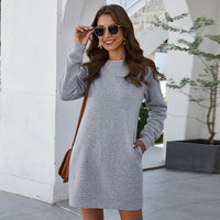 Autumn/Winter Sweatshirt Dress Women's Solid Color O Neck Pocket Mini Dress Warm Short Dresses Long Sleeve Basic Pullover