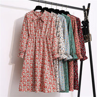 Women's Casual Dresses Female Vintage Floral Printed Chiffon Long Sleeve Bow Midi