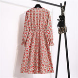 Women's Casual Dresses Female Vintage Floral Printed Chiffon Long Sleeve Bow Midi