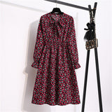 Women's Casual Dresses Female Vintage Floral Printed Chiffon Long Sleeve Bow Midi