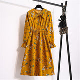 Women's Casual Dresses Female Vintage Floral Printed Chiffon Long Sleeve Bow Midi