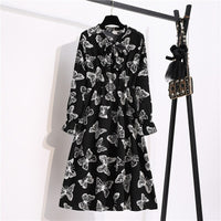 Women's Casual Dresses Female Vintage Floral Printed Chiffon Long Sleeve Bow Midi