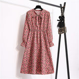 Women's Casual Dresses Female Vintage Floral Printed Chiffon Long Sleeve Bow Midi