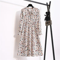 Women's Casual Dresses Female Vintage Floral Printed Chiffon Long Sleeve Bow Midi