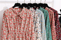 Women's Casual Dresses Female Vintage Floral Printed Chiffon Long Sleeve Bow Midi