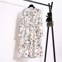 Women's Casual Dresses Female Vintage Floral Printed Chiffon Long Sleeve Bow Midi