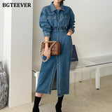 Fashion Chic Lapel Women Denim Dress Full Sleeve Single-breasted Pockets Slim Waist Mid-length Female Jeans Dress