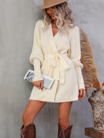 Casual Elegant Knit Dress Women Autumn Winter Solid Color Lace Up Mid-length Cardigan Female Off White Sweater