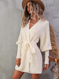 Casual Elegant Knit Dress Women Autumn Winter Solid Color Lace Up Mid-length Cardigan Female Off White Sweater