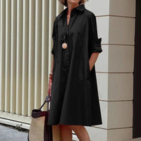 Elegant Casual Solid Button-up Tops Dress Autumn Lapel Long Sleeve Commute Long Shirt New Fashion Spring Loose Pocket Midi Dress