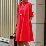 Elegant Casual Solid Button-up Tops Dress Autumn Lapel Long Sleeve Commute Long Shirt New Fashion Spring Loose Pocket Midi Dress
