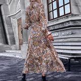 Female Casual V-Neck Long Sleeve Maxi Dress Fashion Vintage Pattern  Loose Dress Autumn Ruffle Office Pleated Dress
