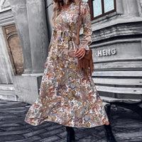 Female Casual V-Neck Long Sleeve Maxi Dress Fashion Vintage Pattern  Loose Dress Autumn Ruffle Office Pleated Dress