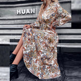 Female Casual V-Neck Long Sleeve Maxi Dress Fashion Vintage Pattern  Loose Dress Autumn Ruffle Office Pleated Dress