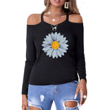 women's sunflower print off shoulder long sleeve casual top