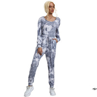 Women's tie-dyed round neck long sleeve drawstring pants jumpsuit,sports suit, two-piece