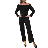 women's  solid black off shoulder long sleeve wide leg Jumpsuit women's pants