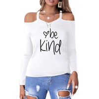 women's clothing, kind letter printed off shoulder long sleeve casual top