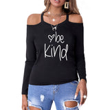 women's clothing, kind letter printed off shoulder long sleeve casual top