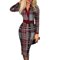 Women Plaid Print Sleeveless Bodycon Dress Streetwear Ladies Casual V Ncek Knee Length Slim