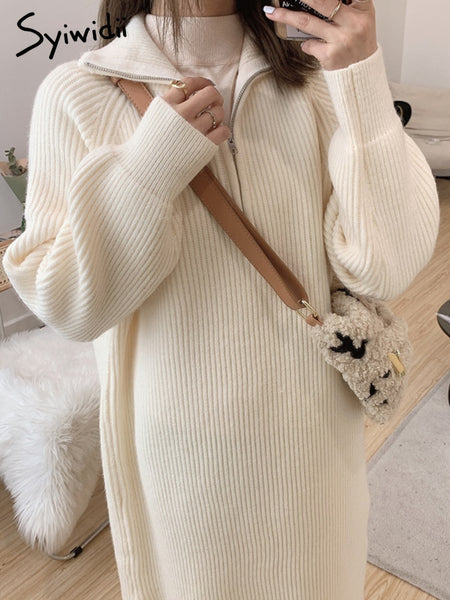 Syiwidii Autumn Winter Midi Dress Woman 2022 Warm Turtleneck Thicken Vintage Long Oversize Sweaters Dresses Casual Knitted Dress
