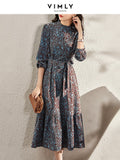 VIMLY Long Sleeve Floral Dress Women 2021 Autumn Elegant Vintage Dresses Office Lady A Line Long Dress Female Vestidos  F8750