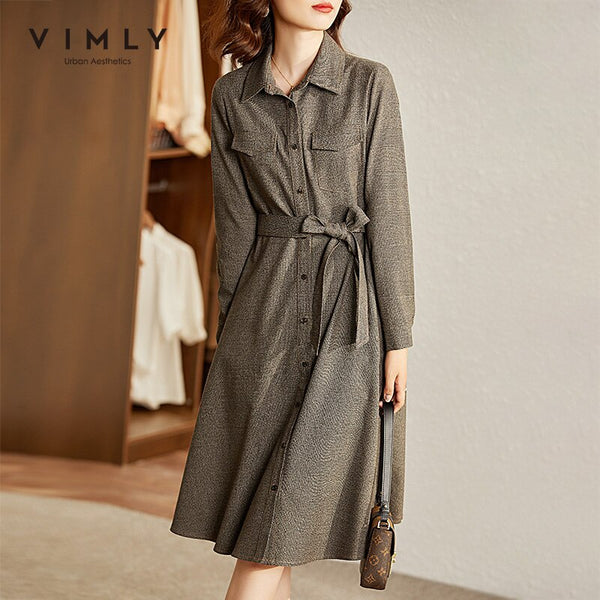 VIMLY New Autumn Dresses For Women Fashion High Waist Long Dress Sashes Button-up Shirt Dress Elegant Female Vestidos F8780
