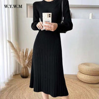 WYWM Winter Fashion Base Mid-length Knitted Dress Women Silmming Thin Long Sleeve Dresses Female Solid Temperament Commute Dress
